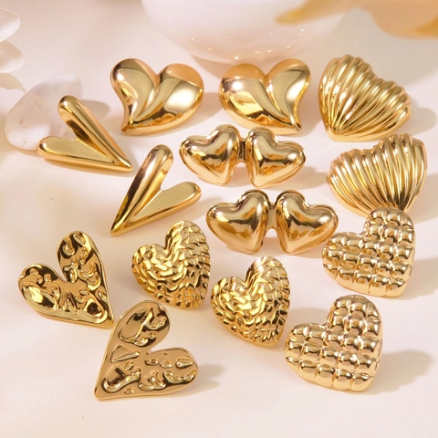Stainless Steel Heart Stud Earrings Gold Plated Textured Waterproof Non Fading Trendy Chic Jewelry For Women