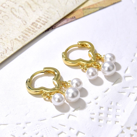 Heart Hoop Earrings Copper 18K Gold Plated With White Faux Artificial Pearls Dangle Elegant Vintage Style For Women