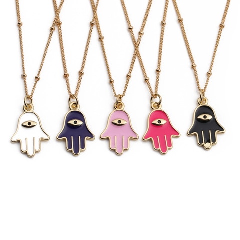 Hamsa Hand Evil Eye Pendant Necklace Copper Enamel Adjustable Bead Chain Boho Jewelry For Women