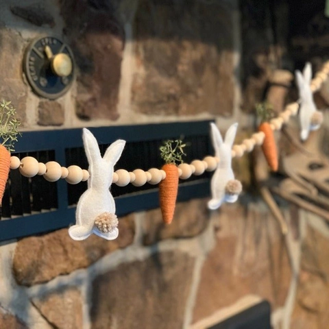 Easter Bunny Carrot Wood Bead Garland Felt Rabbit Farmhouse Wall Hanging Mantel Decor Spring Festive Ornament
