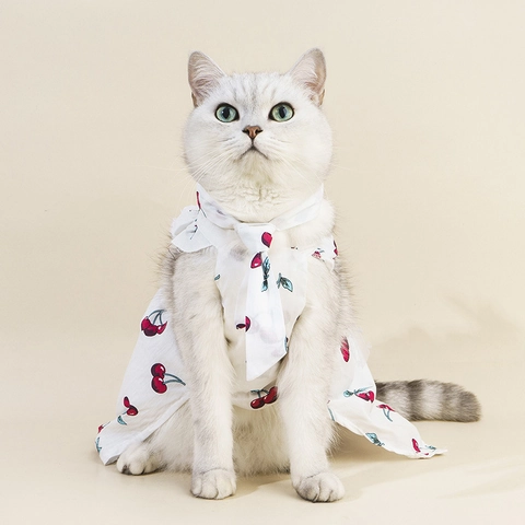 Robe Pour Chien Et Chat En Coton Imprimé Cerise Avec Bandeau Et Cravate Douce Dentelle Maille Tenues De Mariage Fête Vêtements