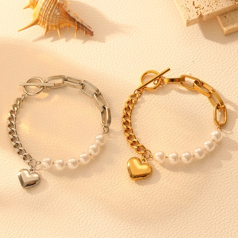 Pulsera Con Colgante De Corazón De Acero Inoxidable Con Perlas Artificiales Artificiales Cadena Asimétrica Cierre OT Elegante