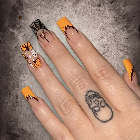 Halloween Aufpressnägel Lange Sargform Künstliche Nägel Kürbis Spinnennetz Geist Strass Glänzend Künstliche Nägel Damen