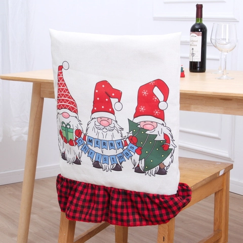 Christmas Chair Back Covers Linen Non-woven Buffalo Plaid Ruffle Dining Seat Protectors Festive Gnome Reindeer Decor