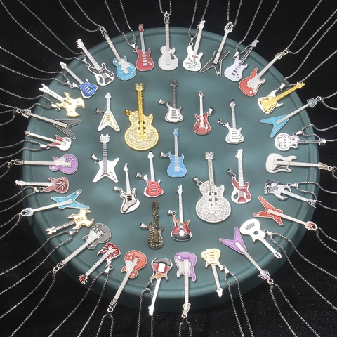 Guitar Pendant Necklace Stainless Steel Chain Alloy Enamel Rhinestone Rock Music Jewelry Note Jazz Bass Instrument Shape