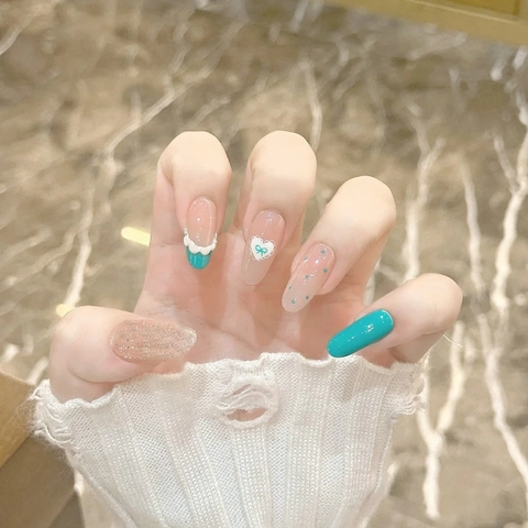 Ongles À Presser Bleu Tiffany Nude Design Coeur Noeud Style Français Pois Dentelle Forme Amande Longue Femmes