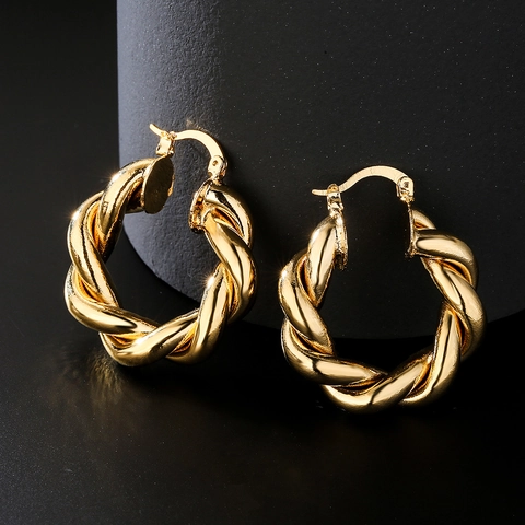 Twisted Hoop Earrings Real Gold Plated Copper Geometric Spiral Retro Exaggerated Fashion Jewelry For Women
