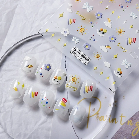 Adesivi Per Unghie Rilievo 3D Arcobaleno Sole Nuvola Modello Decalcomanie Manicure Fai-Da-Te Adesivo PET Bellezza Donne