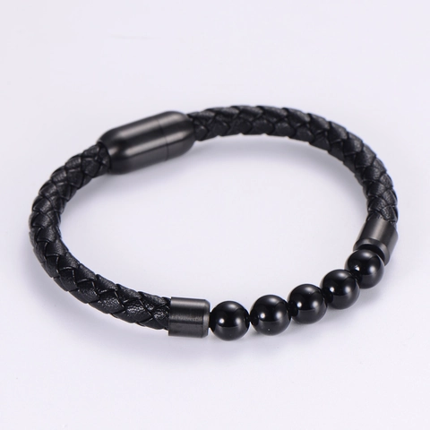 Braided Leather Bracelet With Stainless Steel Magnetic Clasp Black Agate Beads Retro Punk Jewelry Gift For Men Women