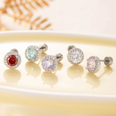 Round Cubic Zirconia Stud Earrings Titanium Steel Screw Back Sparkly Halo Cartilage Ear Piercing Jewelry For Women