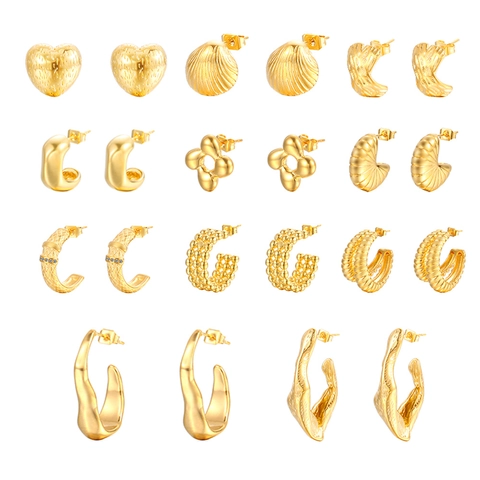 Vintage C-Shaped Stainless Steel Hoop Earrings For Women Geometric Irregular Textured Gold Silver Rhinestone Stud Earrings Jewelry