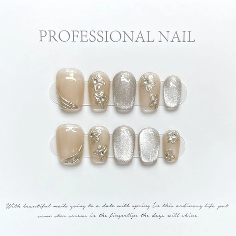 Handmade Press On Nails Cat Eye Magnetic With 3D Metal Flowers Rhinestone Gradient Glitter Artificial Fake Nails For Women