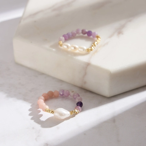 Handmade Beaded Ring Gold Plated Freshwater Pearl Natural Gemstone Stretch Bohemian Jewelry For Women