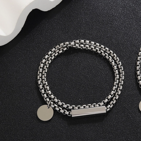 Stainless Steel Double Layer Box Chain Bracelet Rectangle Magnetic Bar Round Tag Minimalist Geometric Jewelry Unisex