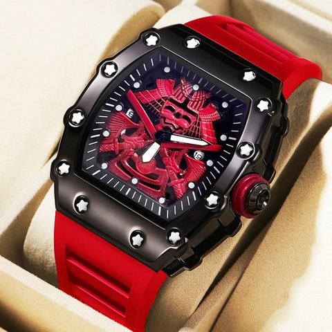 Orologio Al Quarzo Da Uomo Cassa Tonneau Cinturino In Silicone Luminoso Impermeabile Quadrante Maschera Samurai Sport