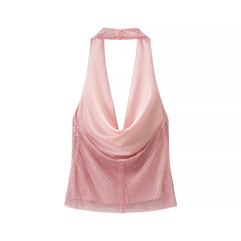 Women Halter Top Rhinestone Mesh Cowl Neck Backless Sexy Party Sleeveless Pink Sparkly Clubwear Camisole
