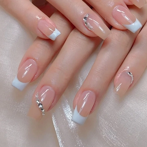 Unghie Finte Fatte A Mano French Blu Bianco Punte Strass Bara Balletto Forma Elegante Base Nude Per Donne