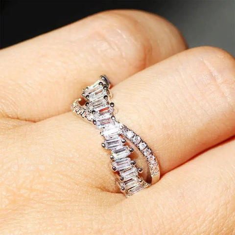 Fashion Cross Wave Ring Copper Zircon Baguette Cut Double Layer Pave Round Stone Jewelry Women