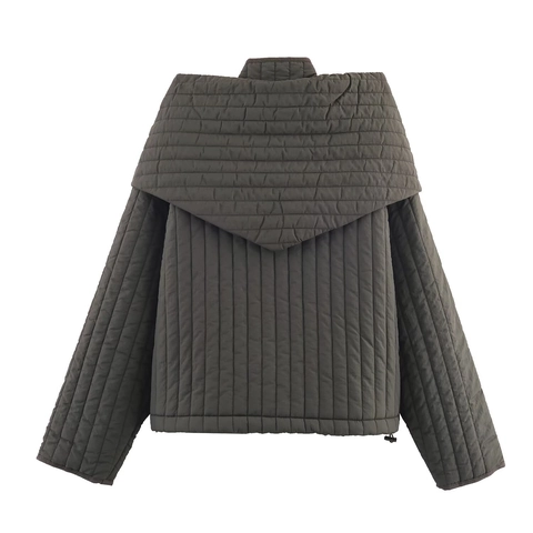 Women Quilted Jacket With Detachable Scarf Collar Vintage Padded Coat Casual Long Sleeve Solid Color Outerwear