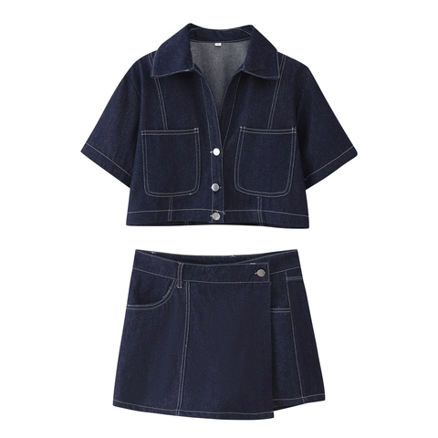 Completo In Denim Blu Scuro Da Donna Crop Top A Maniche Corte Con Revers E Minigonna A Vita Alta Con Cuciture A Contrasto