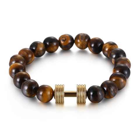 Men Natural Tiger Eye Lava Rock Beaded Bracelet With Stainless Steel Dumbbell Charm Fitness Strength Jewelry For Male