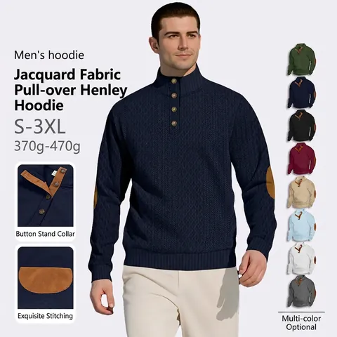 Men Henley Sweatshirt Jacquard Knit Pullover Long Sleeve With Button Stand Collar And Elbow Patches Casual Outdoor Tops