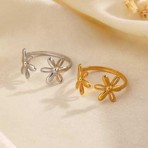 Daisy Flower Open Ring Stainless Steel Adjustable Double Floral Minimalist Finger Jewelry Fashion Gift For Women