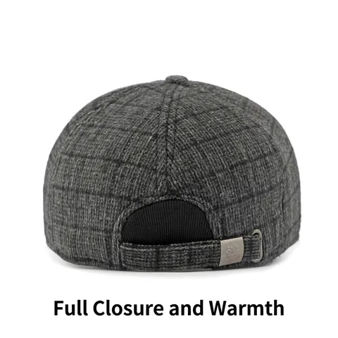 Men Winter Woolen Plaid Baseball Cap With Ear Protection Warm Retro Tweed Adjustable Outdoor Hat For Middle Aged Senior