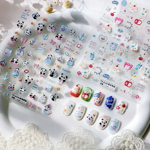 Autocollants Ongles Relief 3D Dessin Animé Lapin Panda Décalcomanies Auto Adhésives Pour Décoration Manucure
