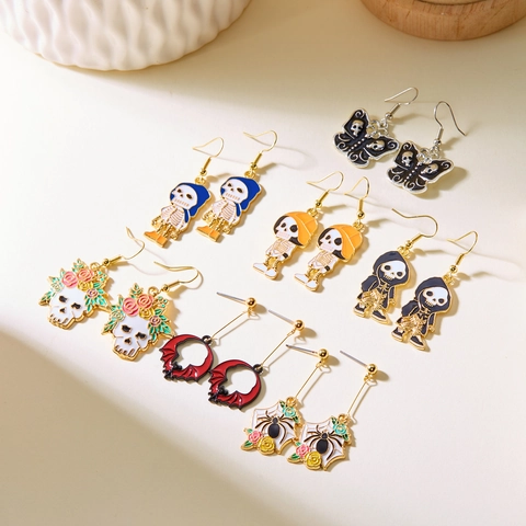 Halloween Enamel Alloy Earrings Skeleton Ghost Pumpkin Asymmetrical Gothic Holiday Jewelry For Women