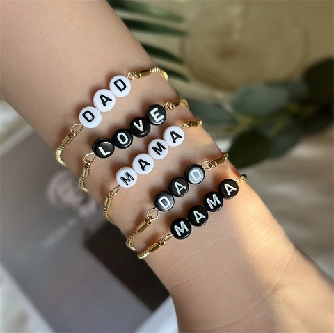 Stainless Steel Adjustable Bracelet Gold Plated Box Chain Letter DAD MAMA LOVE Beads Family Gift Minimalist Jewelry