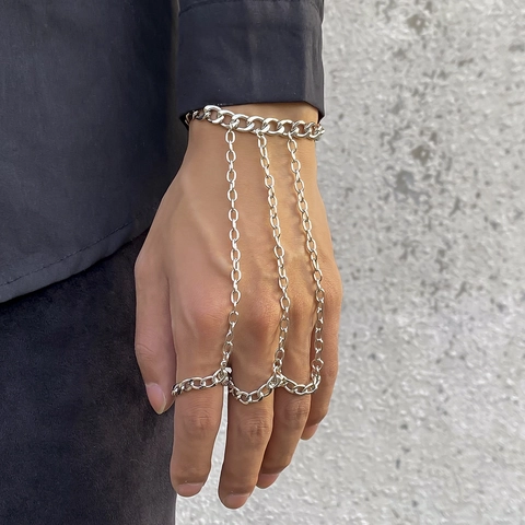 Bracciale Esclave da Uomo in Lega Punk Catena di Giunzione Bracciale con Anello Argento Gotico Catena Dorso Mano Gioielli Hip Hop