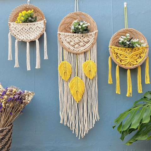 Cesto Sospeso Da Parete Macramè Boho E Arredamento Intrecciato Vimini Cotone Nappa Arte Per Soggiorno Camera Da Letto