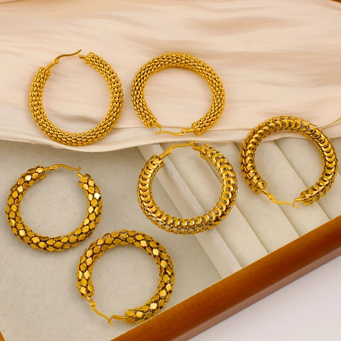 Chunky Hoop Earrings Stainless Steel 18K Gold Plated Hollow Woven Texture Geometric Bold Statement For Women