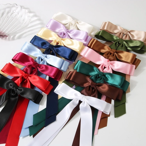 Elegant Satin Bowknot Hair Clip With Long Streamer Sweet Polyester Double Layer Bow Barrette For Women Hair Accessories