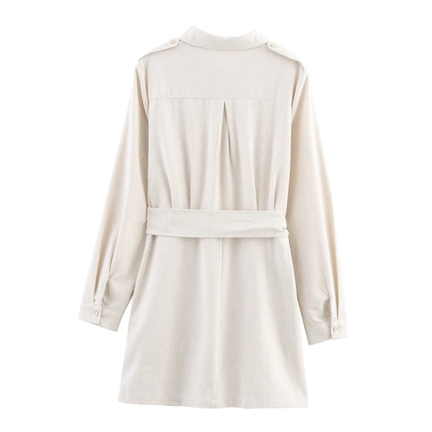 Women Long Sleeve Utility Workwear Mini Dress Lapel Button Pocket Wrap Waist Tie A-Line Retro Elegant Polyester Solid