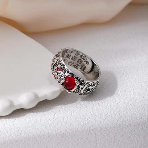 Retro Alloy Adjustable Ring With Red Zircon Heart Sutra Six Character Mantra Pixiu Motif Vintage Ethnic Jewelry