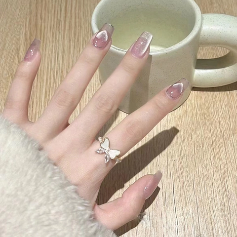 Press On Nails Cat Eye Shimmer Heart Pattern Long Ballet Shape Fake Nails Elegant Naked Pink Glitter For Women Daily