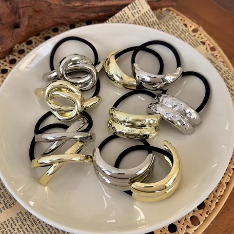 Geometric Metal Hair Ties Alloy Elastic Hair Ropes Minimalist Metallic Ponytail Holders For Women