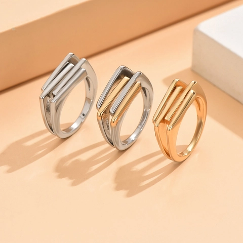 Minimalist Geometric Three-Layer Open Ring For Women Electroplated Copper Smooth Line Finger Ring Fashion Jewelry Gift