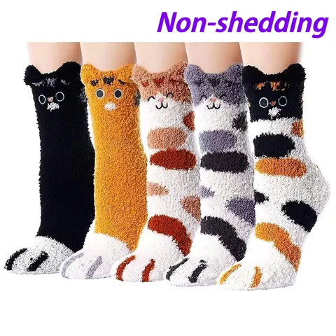 Chaussettes En Molleton De Corail Chat Dessin Animé Femmes Épaisses Chaudes Hiver Maison Sommeil Nouveauté Pelucheuses