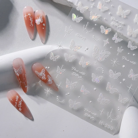 3D Reliëf Witte Vlinder Nagelkunst Stickers Holografische Laser Ster Maan Decals Zelfklevend Dun Voor Vrouwen Manicure Decoratie