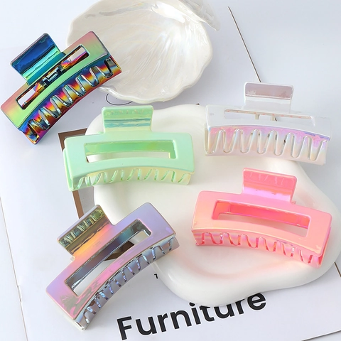 Hair Claw Clip Laser Rectangular Hollow Iridescent Plastic Fashion Hair Accessories For Women