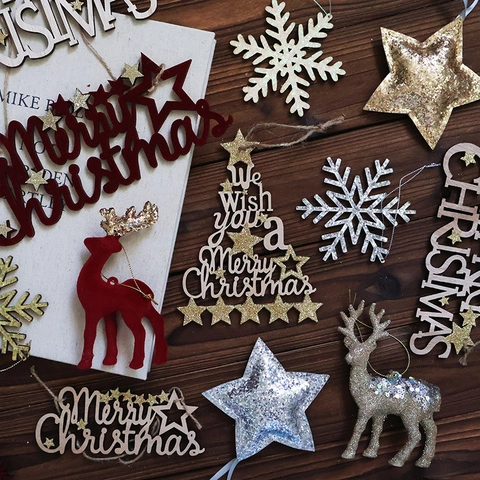Adornos Colgantes Árbol Navidad Madera Flocado Cuero Purpurina Copo Nieve Estrella Reno Letrero Letra Decoración