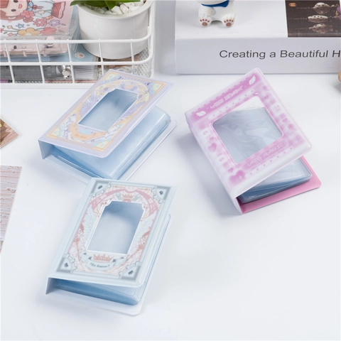Kawaii Mini Photo Album PVC Collect Book For Photocards Heart Cutout Window Cartoon Pattern Card Storage Binder