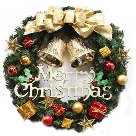 Christmas Wreath Artificial Greenery Gold Bow Bells Stars Merry Christmas Sign Festive Door Window Hanging Decoration
