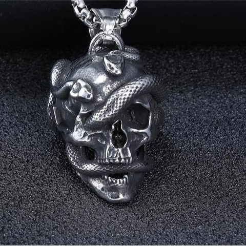 Stainless Steel Skull Snake Pendant Necklace Gothic Punk Retro Biker Jewelry For Men