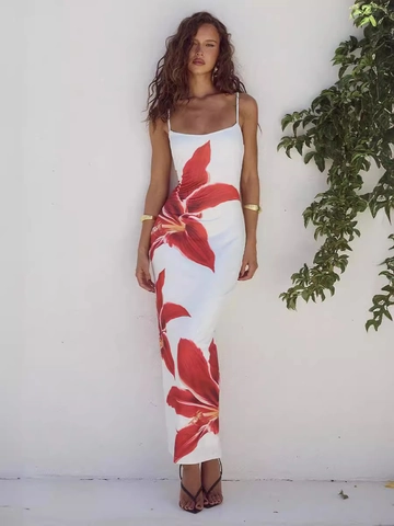 Women Sexy Floral Print Spaghetti Strap Maxi Dress Slim Fit Backless Sleeveless Bodycon Summer Vacation Beach Long Sun Dress