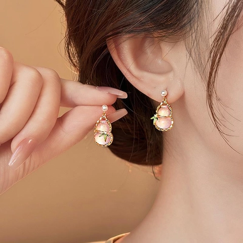 Pendientes Colgantes De Calabaza Rosa Con Perla Artificial De Imitación Y Poste De Plata Joyería Estilo Chino Hoja De Bambú Para Mujeres
