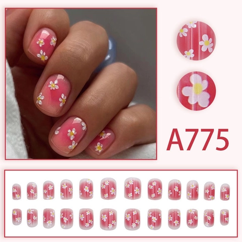Pink Gradient Blush Press On Nails Short Square White Daisy Flower Fake Nails Detachable Reusable Full Cover For Women